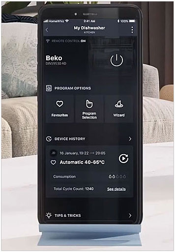Visuel repr�sentant l'application HomeWhiz utilis�e avec un lave-vaisselle connect�