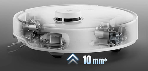 Visuel repr�sentant un aspirateur robot pouvant s'�lever par rapport au sol avec son dispositif AdaptiLift