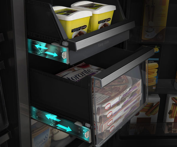 Visuel repr�sentant les dispositifs coulissants Easy Glide sur les r�frig�rateurs Hisense