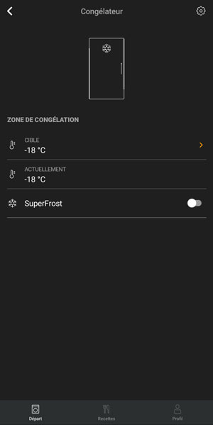 Visuel repr�sentant le contr�le d'un cong�lateur avec l'application Miele Smart Home