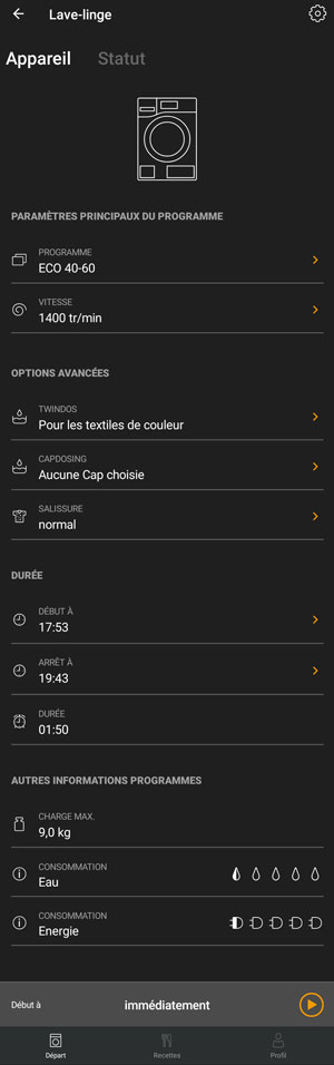 Visuel repr�sentant le contr�le d'un lave-linge avec l'application Miele Smart Home