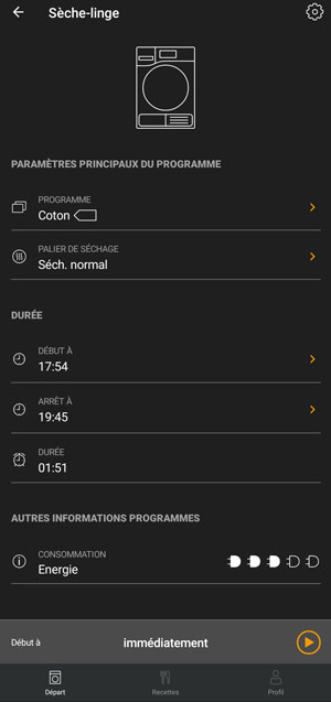 Visuel repr�sentant le contr�le d'un s�che-linge avec l'application Miele Smart Home