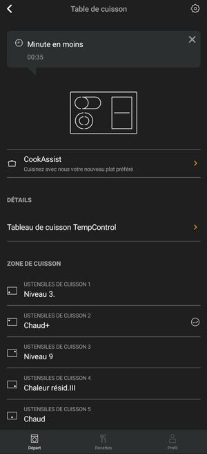 Visuel repr�sentant le contr�le d'une table de cuisson avec l'application Miele Smart Home