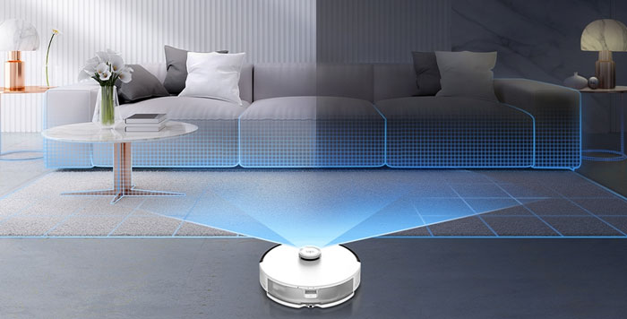 Visuel repr�sentant un aspirateur robot scannant l'environnement � l'aide de la technologie LiDAR