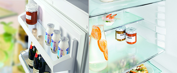 Photo illustrant les clayettes et balconnets GlassLine pr�sents dans certains r�frig�rateurs Liebherr