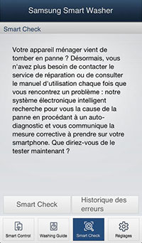 Application Smart Washer App permettant de b�n�ficier de la fonction Smart Check sur certains appareils mobiles Apple