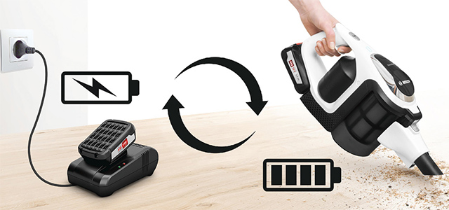 Photo d'un aspirateur Bosch Unlimited avec ses batteries Power For All 18 V