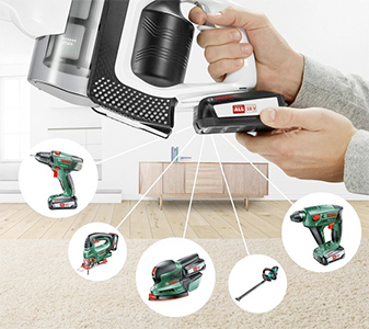 Visuel repr�sentant la batterie Power For All d'un aspirateur Bosch Unlimited pouvant �tre utilis�e sur d'autres appareils sans fil de la marque.