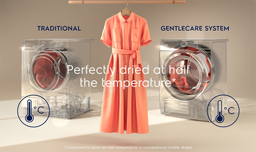Visuel comparant un s�che-linge GentleCare (� droite) � un mod�le conventionnel (� gauche)