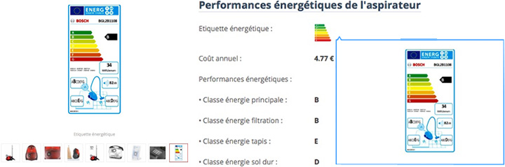 Etiquette nergie d'un aspirateur communique dans les fiches ELECTROMENAGER-COMPARE