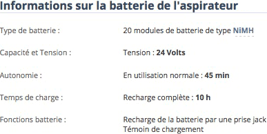 Visuel des informations relatives à la batterie dans la fiche Electromenager Compare d'un aspirateur sans fil