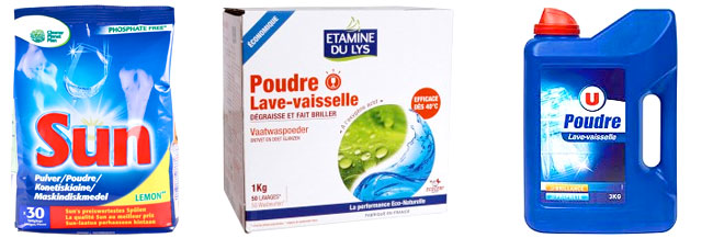 Exemples de poudres pour lave vaisselle Différents exemples de détergents en poudre pour lave-vaisselle