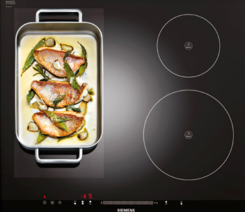 Illustration d'une troisième configuration possible des foyers d'une table de cuisson flexible Table de cuisson flexible flexInduction - (crédit : Siemens)