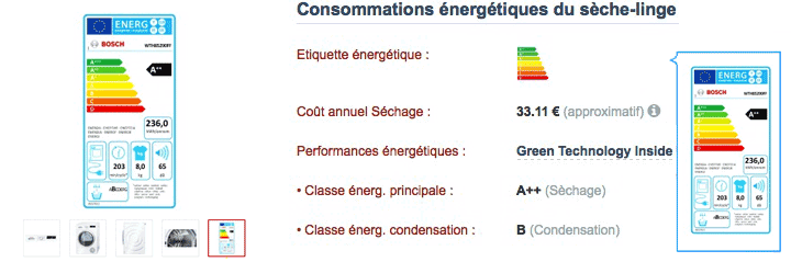 Informations de consommation dans les fiches Electromenager-Compare des sèche-linges Etiquette énergie des sèche-linges dans leur diche Electromenager-Compare