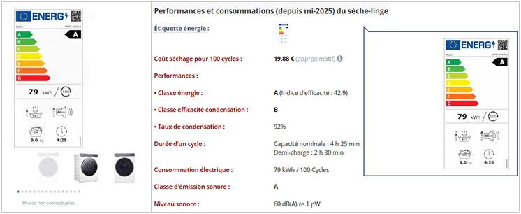 Etiquette �nergie des s�che-linges dans leur fiche Electromenager-Compare