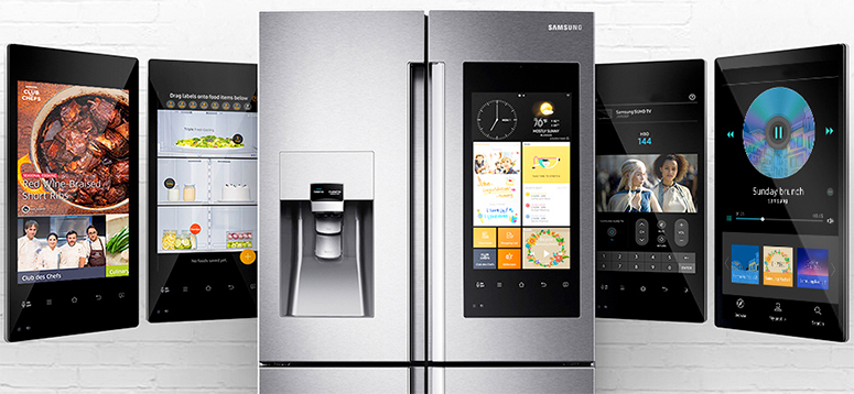 Illustration d'un frigo Family Hub Samsung Liste des réfrigérateurs connectés Samsung Family Hub actuellement proposées par les marchands référencés sur Electromenager-Compare