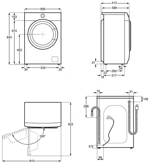 Sch�ma des dimensions utiles � l'installation d'un lave-linge compact
