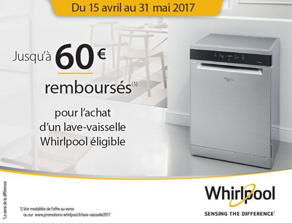 ODR Whirlpool : Jusqu'à 60€ remboursés / Lave-vaisselle