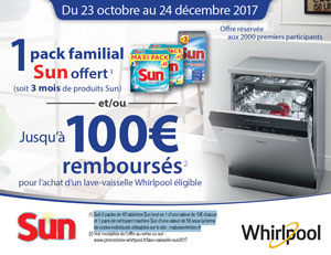 ODR Whirlpool : 1 pack familial Sun offert et/ou jusqu'à 100€ remboursés