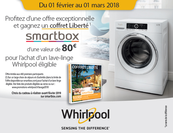 Bon Plan Whirlpool Lavage 2018 : 80€ offerts en coffret cadeau Smartbox