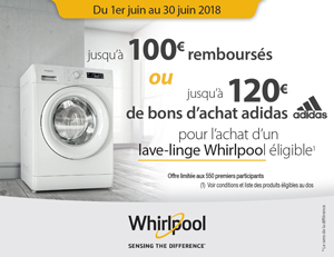 ODR Whirlpool : Jusqu'à 100€ remboursés ou jusqu'à 120€ de bons d'achat Adidas
