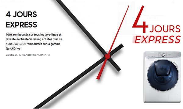 ODR Samsung Lavage Juin 2018 : 4 jours express