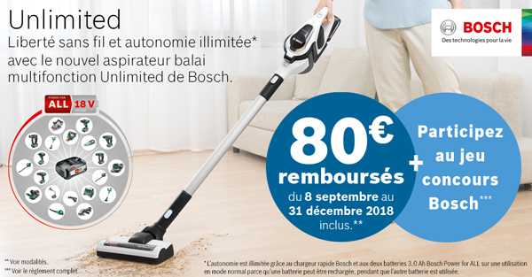 ODR Bosch Sept.Déc. 2018 : Offre Unlimited 80€ remboursés ODR Bosch Sept.Déc. 2018 : Offre Unlimited 80€ remboursés