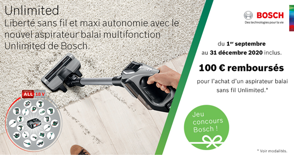 ODR Bosch Sept.Déc. 2020 : Liberté sans fil et maxi ODR Bosch : aspirateur 10% remboursés