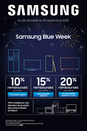 ODR Samsung Oct./Nov. 2020 : Blue Week - Jusqu'à 20% remboursés pour l'achat de 3 produits ou plus