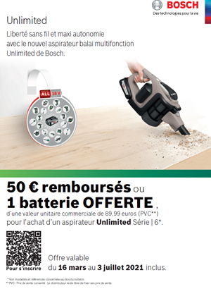 ODR Bosch Mars/Juill. 2021 : Offre Unlimited 50€ remboursés ou une batterie offerte