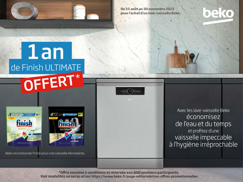 Bon Plan Beko Ao�t/Nov. 2022 : 1 an de Finish Ultimate offert