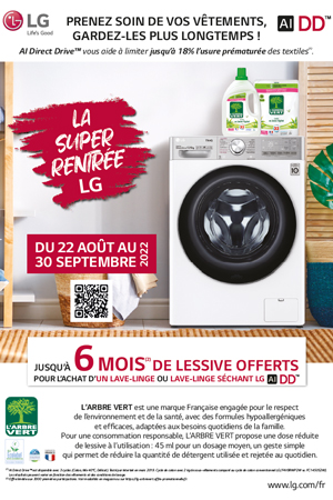 Bon Plan LG Ao�t/Sept. 2022 : Jusqu��  6 mois de lessive l�Arbre Vert offert