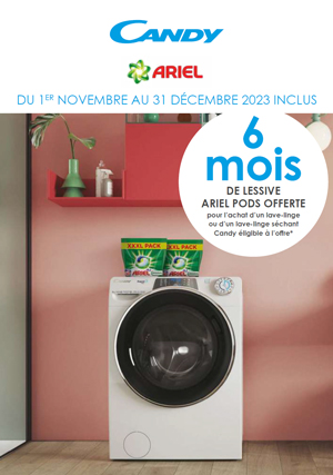 Bon Plan lave-linge Candy Nov./D�c. 2023 : 6 mois de lessive Ariel PODS offerte